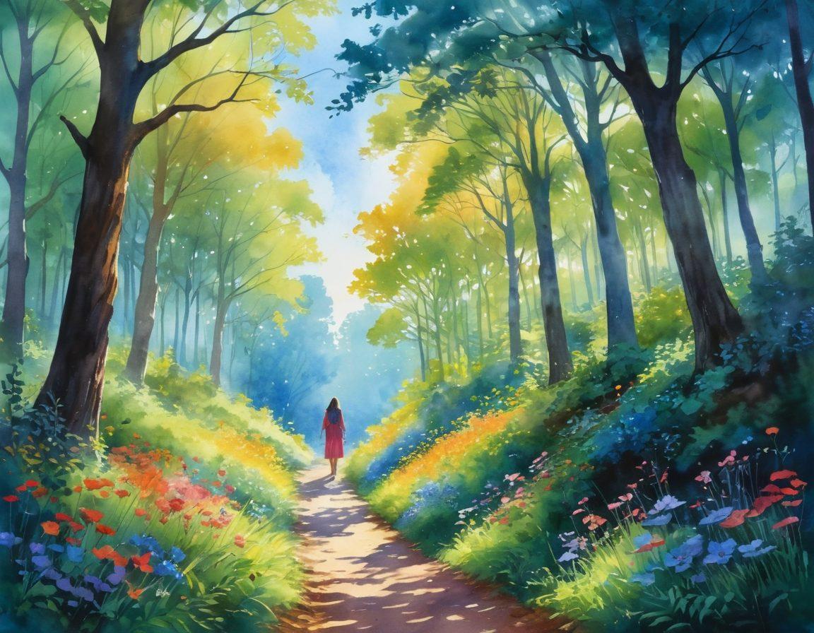 A serene path winding through a lush, sunlit forest, representing a journey. Along the sides, vibrant flowers bloom, symbolizing the vibrancy of life. A silhouette of a person joyfully walking forward, with a soft glow surrounding them, embodies transformation and positivity. Clear blue sky peeking through the tree canopy enhances the uplifting vibe. watercolor painting. vibrant colors. dreamy atmosphere.