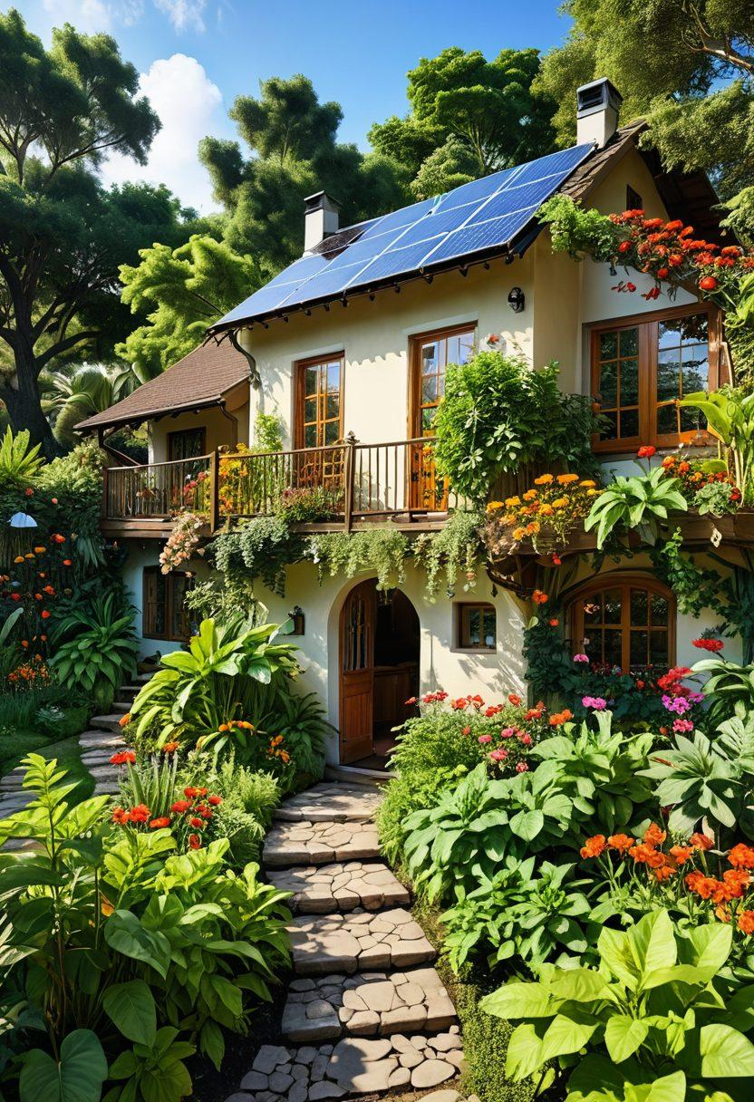 A serene landscape featuring an eco-friendly traveler exploring lush greenery, surrounded by vibrant edible plants and organic fruits. In the background, a quaint, sustainable cottage with solar panels and a thriving garden. Incorporate a globe symbolizing global travel and culinary delights from different cultures. The scene captures a sense of health and wellness amidst nature. super-realistic. vibrant colors. 3D.